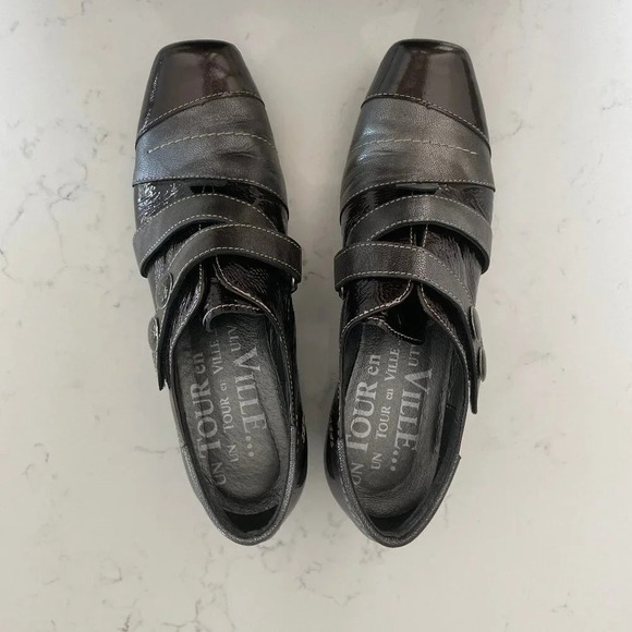 Un Tour en Ville Casual Funky Sgl Strap Patent Leather Shoes Brown Grey Sz 36 - Picture 2 of 12